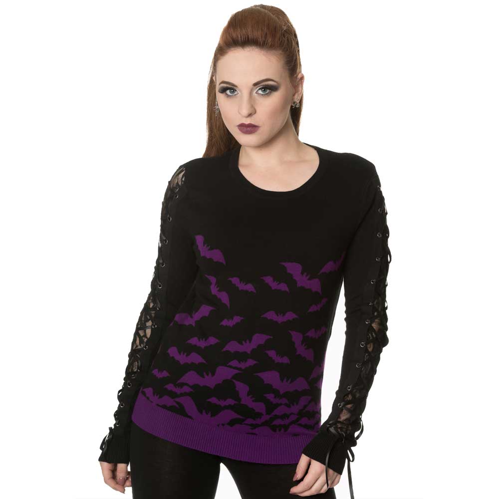 Banned Banned Gebreide trui Haunted diva ZwartPaars Haunted Diva gebreide dames trui met vleermuizen patroon en